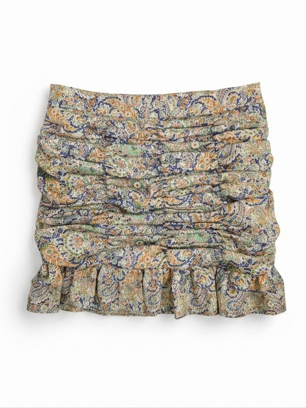 NEW! Zara Beige Paisley Ruched Mini Skirt with Ruffle Hem